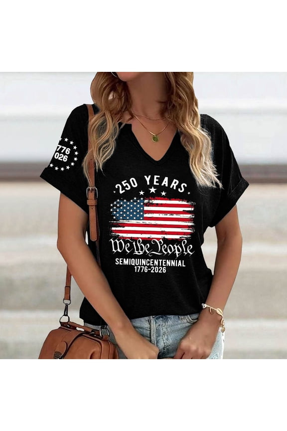 Womens 250th Anniversary Patriotic T Shirts V Neck Short Sleeve We The People American Flag 4th of July 1776 2026 Graphic Tee Tops