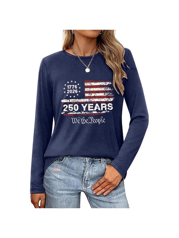 Womens 250th Anniversary USA Long Sleeve Shirt Distressed Flag We The People Graphic 4th Of July Holiday Pullover Tops