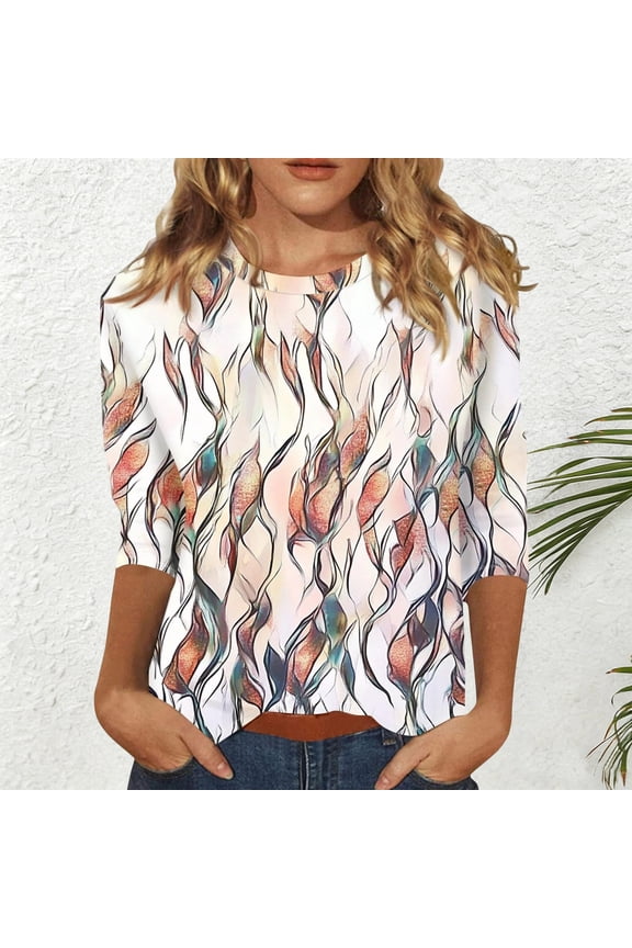 Womens 3D Graphic Tunics 3/4 Sleeve Crewneck Marble Swirl Printed Blouse Artistic Fluid Lines Elegant Casual Fashion Tee