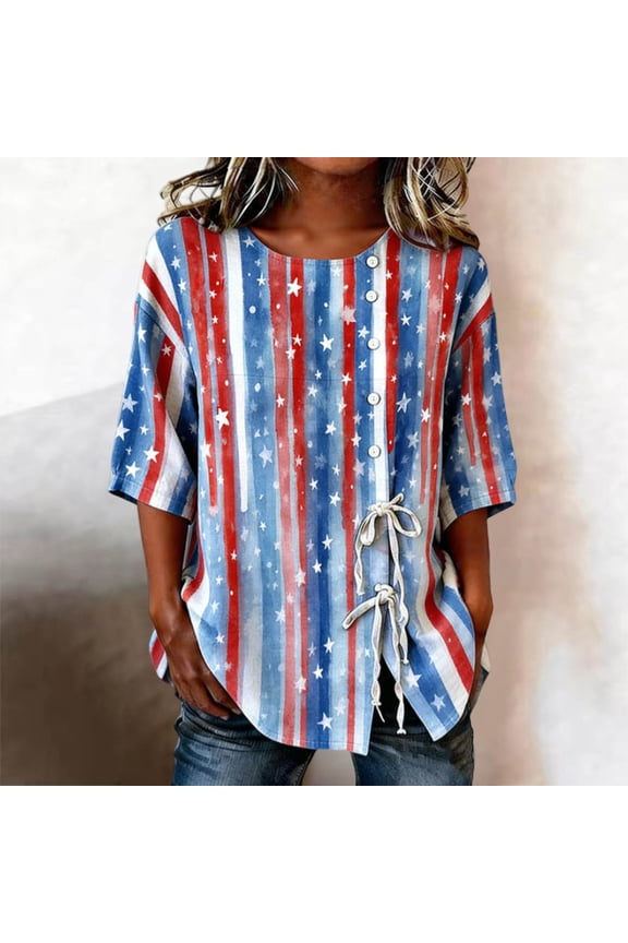 Womens 4th Of July Blouse Crew Neck Vertical Stars Stripes Short Sleeve Independence Shirt Side Drawstring Top