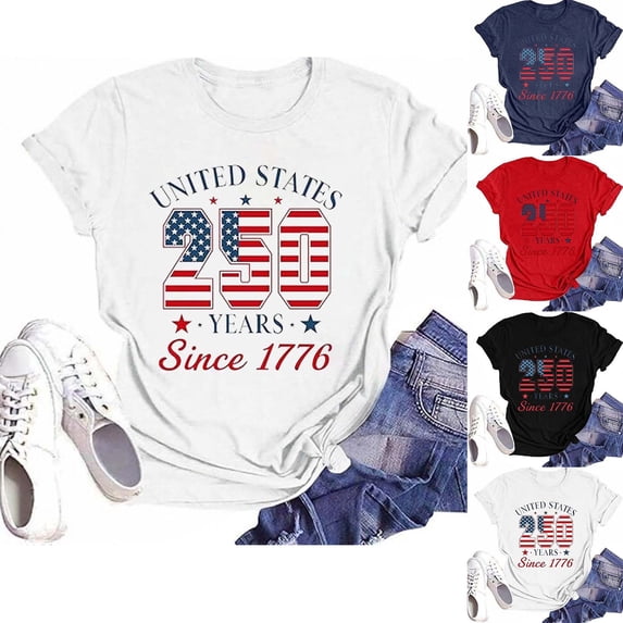 Trendfront Womens 4th Of July T Shirts Crew Neck Short Sleeve Top Patriotic Independence Day Flag Lettering Holiday Tee Casual Summer Outfits