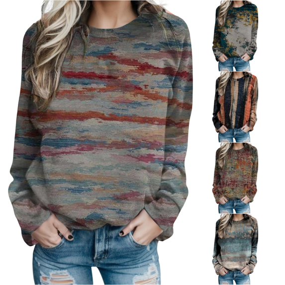 Trendfront Womens Abstract Print Sweatshirts Crewneck Long Sleeve Colorful Vintage Graphic Relaxed Fit Casual Fall Pullover Tops