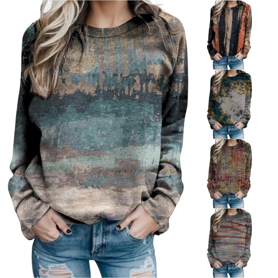 Trendfront Womens Abstract Print Sweatshirts Crewneck Long Sleeve Colorful Vintage Graphic Relaxed Fit Casual Fall Pullover Tops