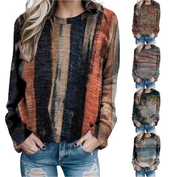 Trendfront Womens Abstract Print Sweatshirts Crewneck Long Sleeve Colorful Vintage Graphic Relaxed Fit Casual Fall Pullover Tops