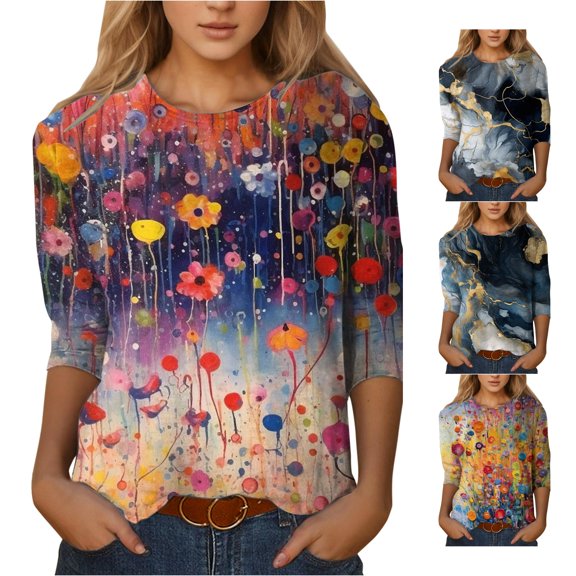 Trendfront Womens Abstract Print T Shirts Crewneck 3/4 Sleeve Relaxed Fit Casual Summer Fall Tee Tops for Women