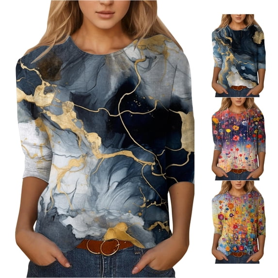 Trendfront Womens Abstract Print T Shirts Crewneck 3/4 Sleeve Relaxed Fit Casual Summer Fall Tee Tops for Women