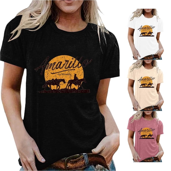 Trendfront Womens Amarillo T Shirt Western Horse Rider Sunset Print Short Sleeve Crew Neck Country Graphic Tees