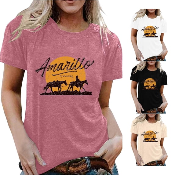 Trendfront Womens Amarillo T Shirt Western Horse Rider Sunset Print Short Sleeve Crew Neck Country Graphic Tees