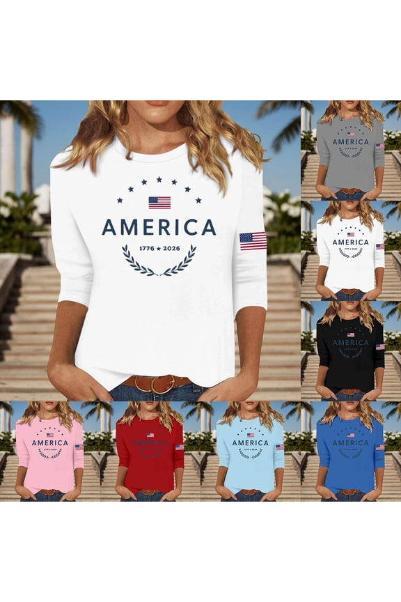 Womens America Letter Print Tee 4th of July Independence Day Casual Summer Tops Crewneck 3 4 Sleeve T-Shirt