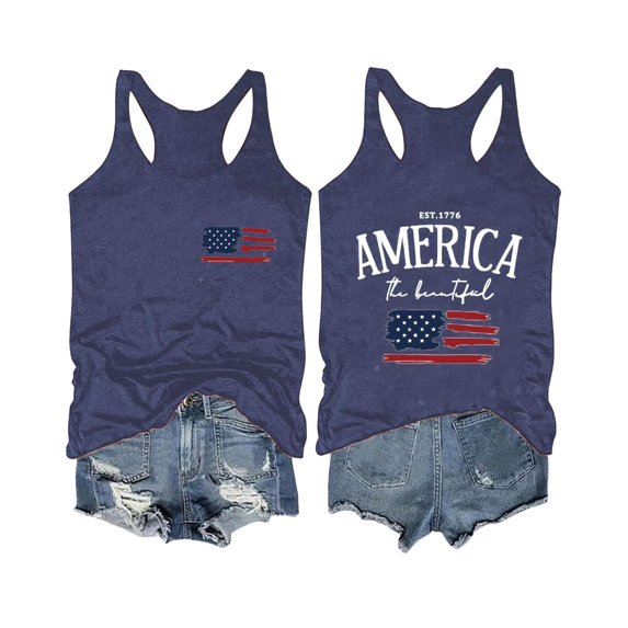 Trendfront Womens America The Beautiful Graphic Tank Tops Racerback Sleeveless American Flag Patriotic Print Casual Summer Tank Tops
