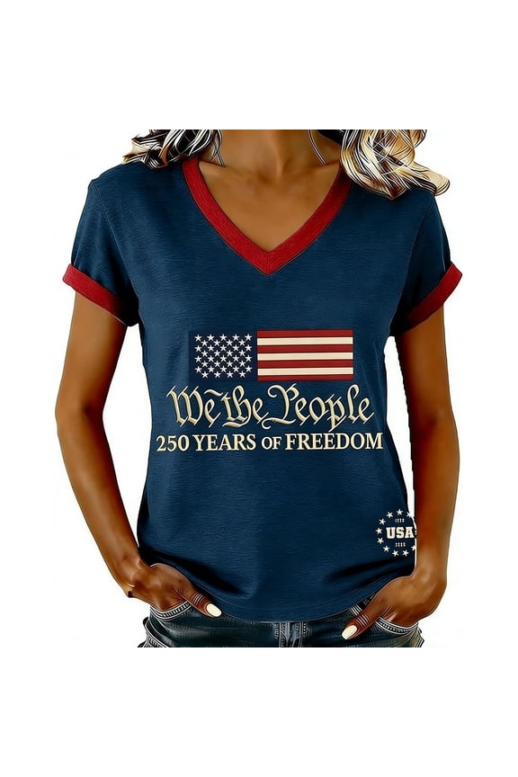 Womens American Flag T Shirt V Neck 4th Of July Graphic We The People 250 Years Of Freedom Tee USA Patriotic Short Sleeve Summer Wear