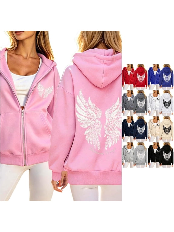 Womens Angel Wings Graphic Zip Up Hoodie Long Sleeve Full Zip Sweatshirt Back Print Inspirational Hooded Jacket With Side Pockets Everyday Wear