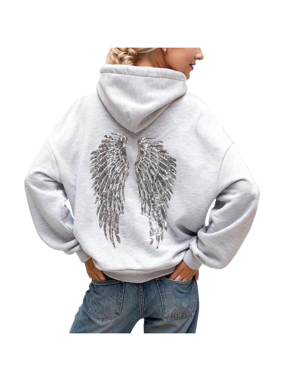 Womens Angel Wings Hoodies Sequin Back Long Sleeve Sweatshirt Drop Shoulder Ribbed Relaxed Fit Hooded Pullover Top