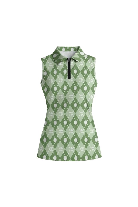 Womens Argyle Print Golf Tops Collared Sleeveless Quarter Zip Diamond Pattern Athletic Polo Tank Tops