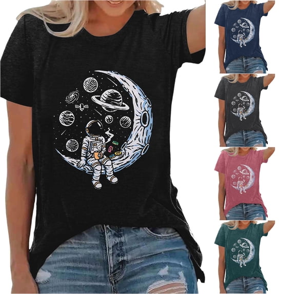 Trendfront Womens Astronaut Graphic T Shirts Crewneck Short Sleeve Moon Planet Print Loose Fit Space Theme Casual Tee Tops