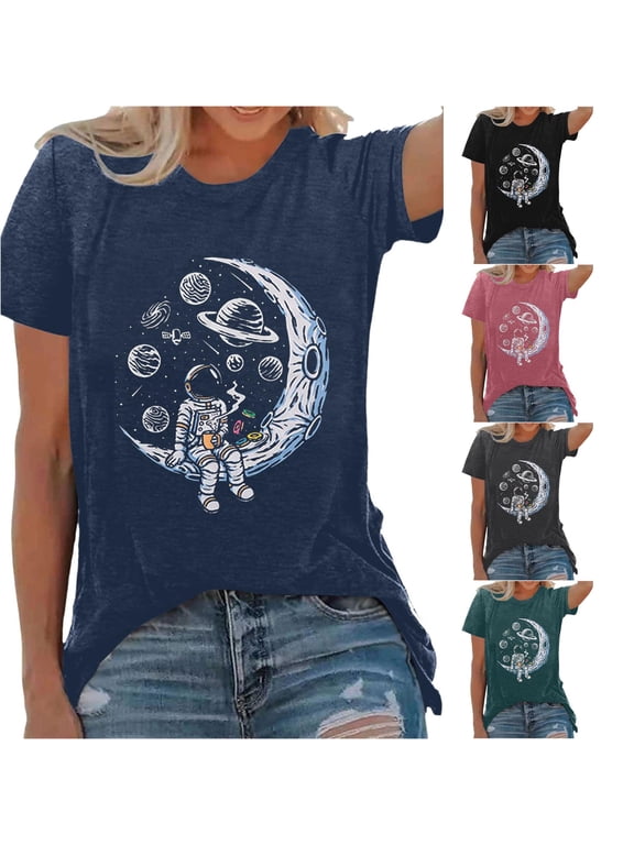 Womens Astronaut Graphic T Shirts Crewneck Short Sleeve Space Planet Moon Print Casual Tee Galaxy Lover Tops