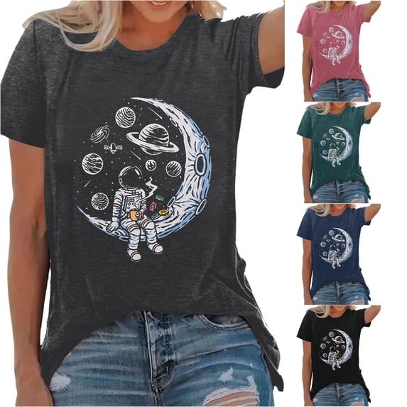 Trendfront Womens Astronaut Moon Graphic T Shirts Crewneck Short Sleeve Planet Space Print Casual Loose Fit Vintage Summer Tee Tops