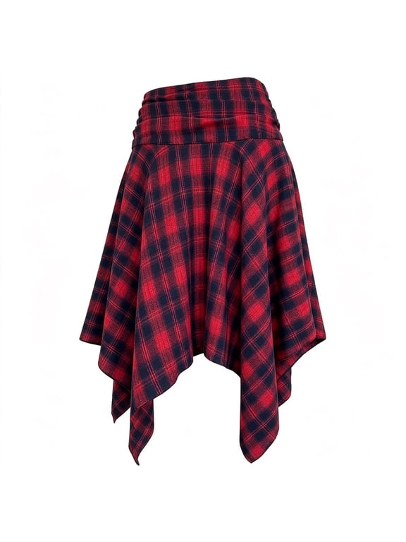 Womens Asymmetrical Skirt Plaid Print High Waist Ruched Band Flared Handkerchief Hem Casual Midi Bottom