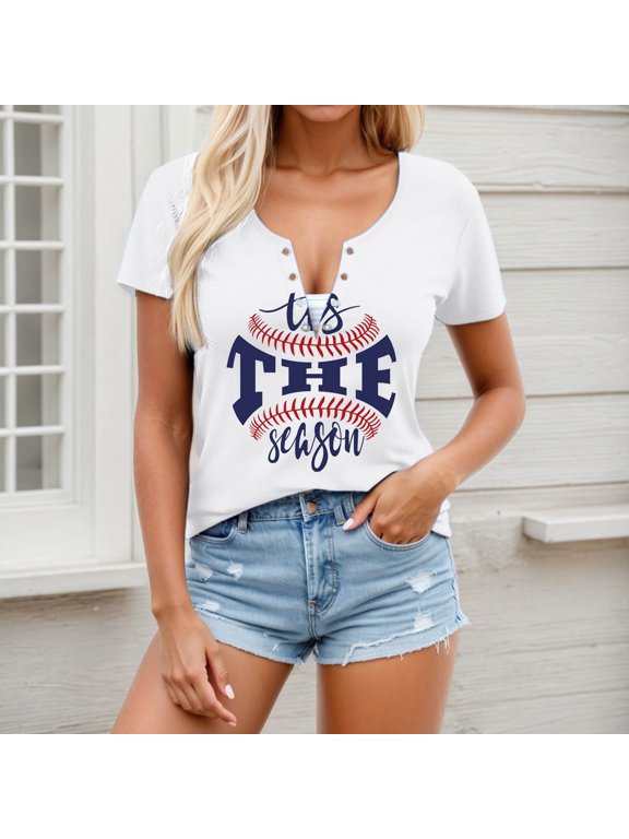 Womens Baseball Slogan Graphic T Shirts V Neck Short Sleeve Henley Style Game Day Sports Fan Casual Summer Athletic Top