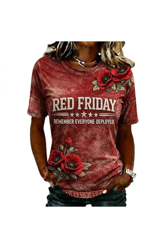 Womens Basic Crewneck Tee Red Friday Letter Print Short Sleeve T Shirts Casual Trendy Loose Fit Patriotic Graphic Soft Pullover Tops Outfits