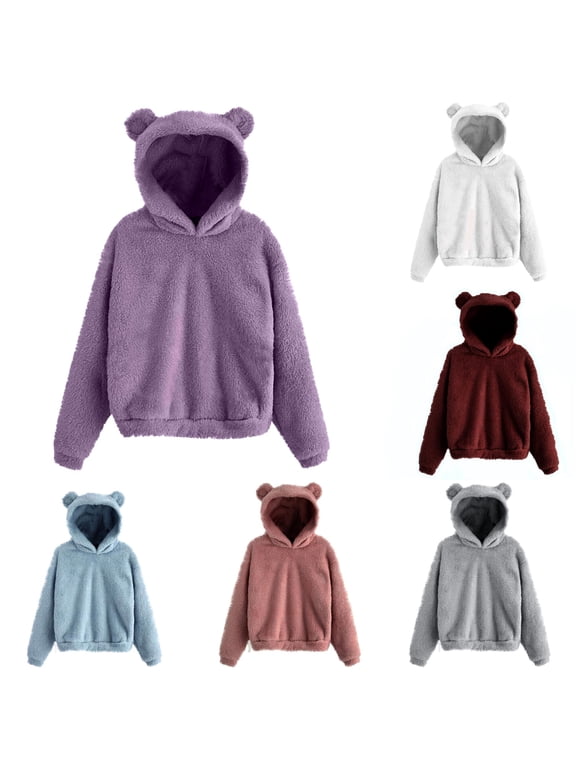 Womens Bear Ear Hoodie Long Sleeve Fuzzy Plush Hood Design Animal Print Style Warm Hooded Sweatshirt