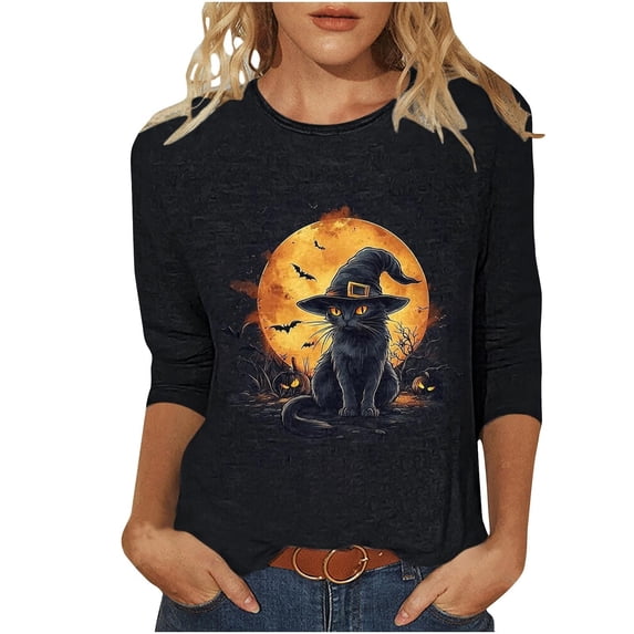 Trendfront Womens Black Cat Halloween T Shirts Crewneck 3/4 Sleeve Witch Hat Moon Graphic Casual Fall Tee Tops