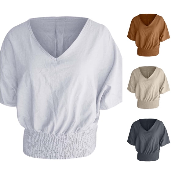 Trendfront Womens Blouses V Neck Short Sleeve Smocked Hem Solid Color Casual Loose Fit Summer Tops for Women