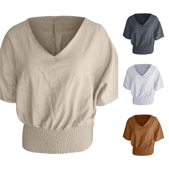 Trendfront Womens Blouses V Neck Short Sleeve Smocked Hem Solid Color Casual Loose Fit Summer Tops for Women