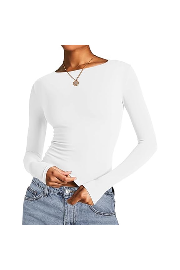 Womens Boat Neck T Shirts Long Sleeve Ruched Side Solid Color Slim Fit Elegant Casual Layering Going Out Tee Tops