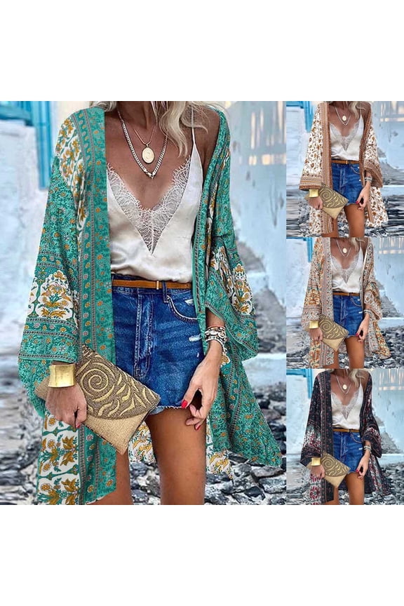 Womens Boho Floral Print Cardigan Tops Fashion Long Sleeve T Shirts Open Front Loose Fit Flowy Beach Vacation Cover Up Blouses