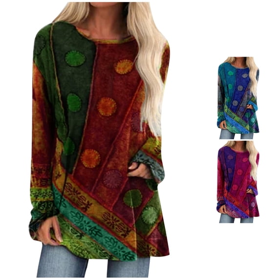 Trendfront Womens Boho Print Tunic Tops Crewneck Long Sleeve Colorful Pattern Loose Fit Casual Shirts