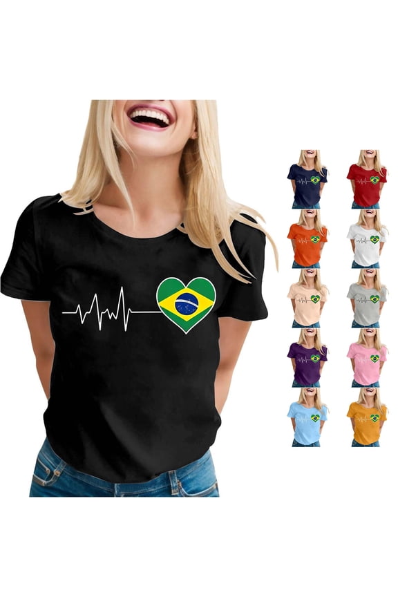 Womens Brasil Heart Flag Graphic Crewneck T Shirt Heartbeat Line Print National Pride Football Fan Match Day Casual Short Sleeve Tops