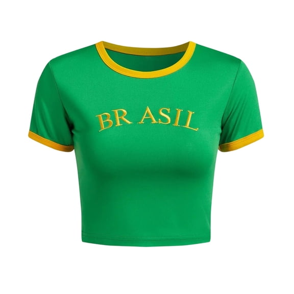 Trendfront Womens Brasil Letter Graphic Cropped Soccer Jersey Crewneck Short Sleeve Contrast Trim Country Pride National Supporter Fitted Top