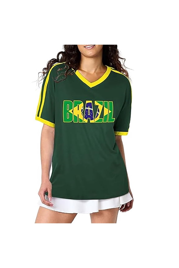 Womens Brazil Flag Graphic T Shirt National Pride Country Letters Pattern Soccer Football Fan Game Day V Neck Loose Fit Short Sleeve Tee Tops