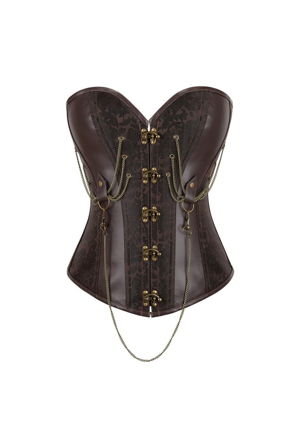 Womens Brocade Gothic Corset Bustier Top Pattern Front Clasp Closure Chain Detail Victorian Steampunk Costume Party Outfit