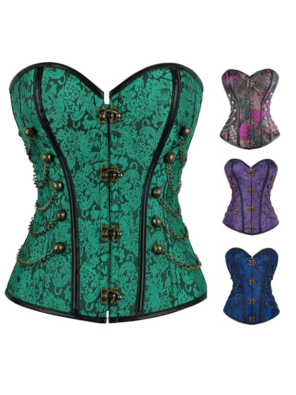 Womens Brocade Steampunk Bustier Floral Pattern Front Closure Chain Detail Vintage Gothic Corset Top