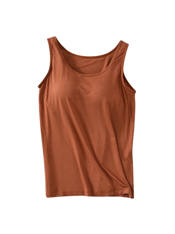 Womens Built In Bra Tank Tops Solid Scoop Neck Sleeveless Wide Strap Camisole Relaxed Fit Casual Layering Shirt