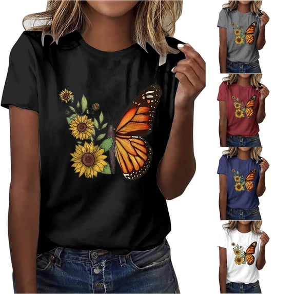 Trendfront Womens Butterfly Graphic Print Tee Summer Fashion Short Sleeve T-Shirts Crewneck Casual Artistic Nature Style Trendy Tops