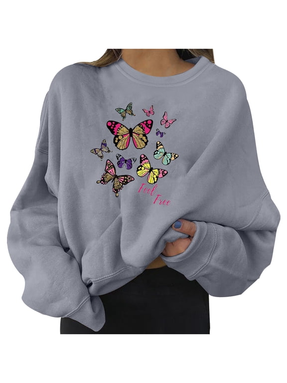 Womens Butterfly Graphic Sweatshirts Crewneck Long Sleeve Slogan Print Oversized Fit Casual Fall Pullover Tops