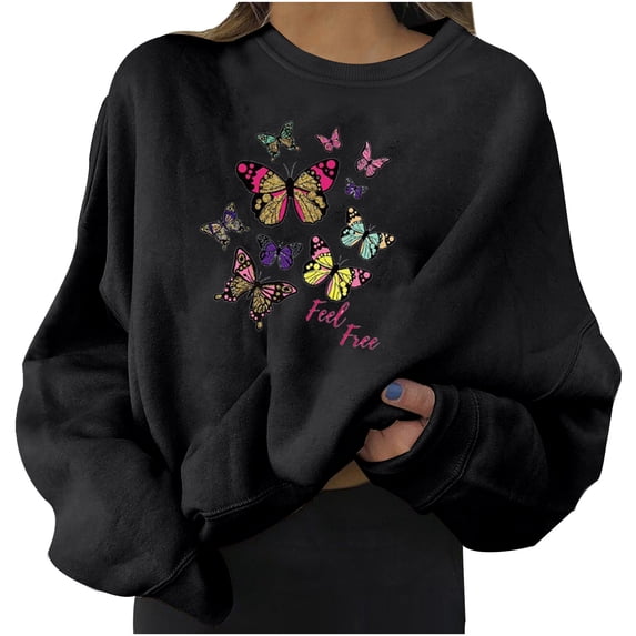 Trendfront Womens Butterfly Graphic Sweatshirts Crewneck Long Sleeve Slogan Print Oversized Fit Casual Fall Pullover Tops