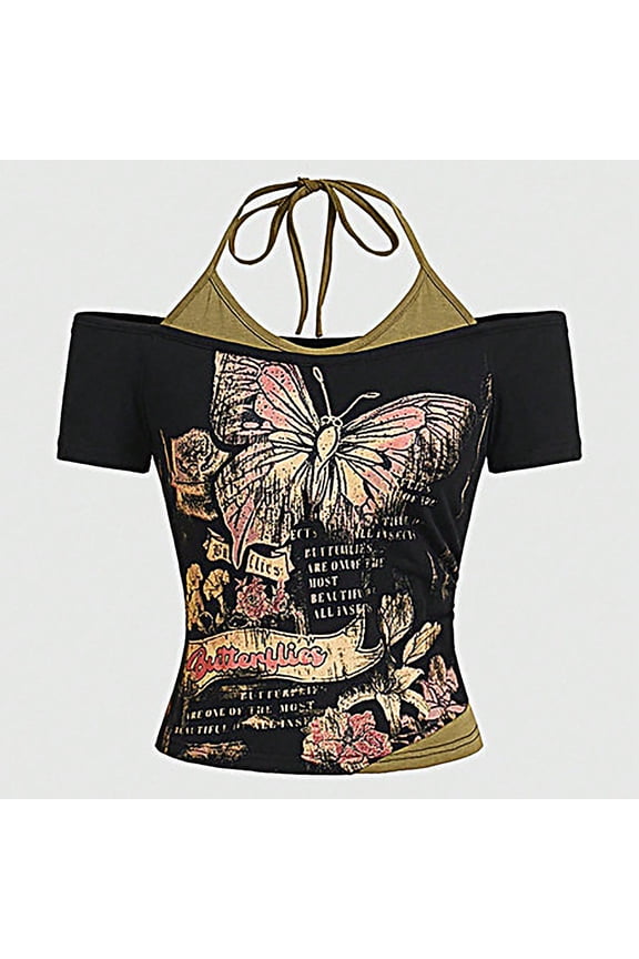 Womens Butterfly Graphic Top Off Shoulder Halter Neck Short Sleeve Vintage Floral Print Y2K Going Out Slim Fit Tops