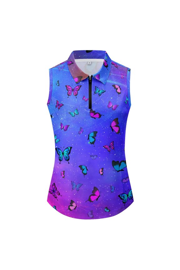 Womens Butterfly Print Golf Polo Shirts Collared Sleeveless Quarter Zip All Over Print Athletic Performance Tank Tops