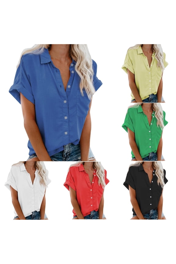 Womens Button Down Shirts Short Sleeve Collared Neck Casual Blouse Tops Front Button Closure Loose Fit Summer Everyday Wear Shirts