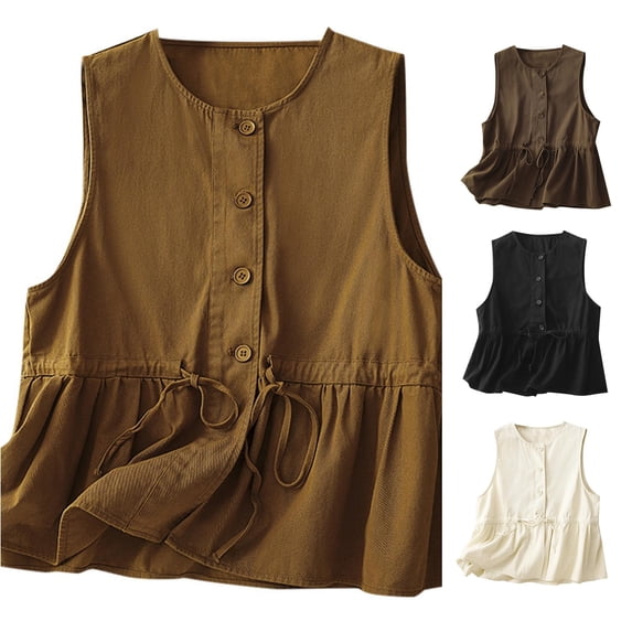 Trendfront Womens Button Front Tank Tops Sleeveless Peplum Blouse Tops Drawstring Waist Casual Loose Fit Layered Hem Summer Shirts
