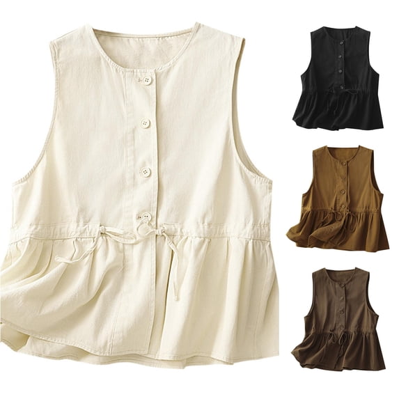 Trendfront Womens Button Front Tank Tops Sleeveless Peplum Blouse Tops Drawstring Waist Casual Loose Fit Layered Hem Summer Shirts
