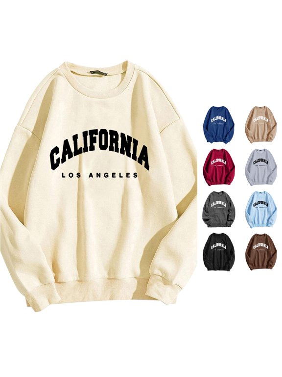 Womens California Graphic Sweatshirt Crewneck Long Sleeve Los Angeles Theme Collegiate Letter Print Ribbed Relaxed Fit Casual Fall Pullover Top