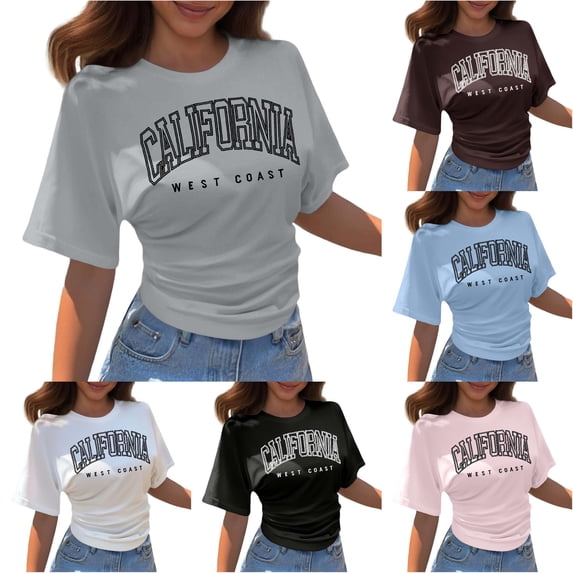 Trendfront Womens California Graphic T Shirt Letter Print Varsity College Style Crewneck Short Sleeve Tee Retro Casual Streetwear Summer Tops