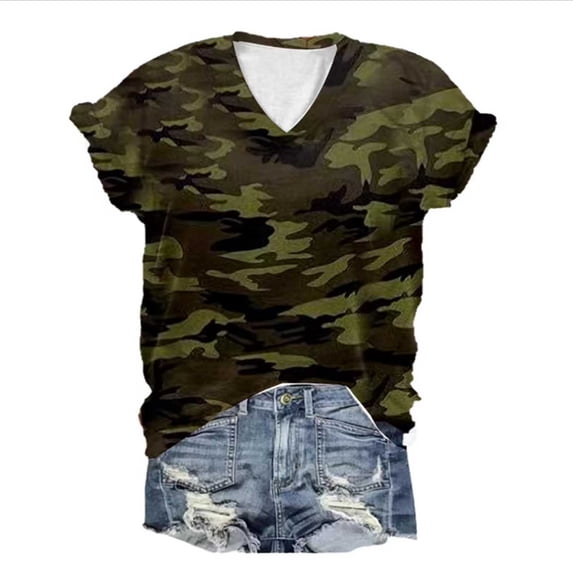 Trendfront Womens Camo Print T Shirt V Neck Short Sleeve Casual Utility Cargo Outdoor Athletic Workout Fashion Tops