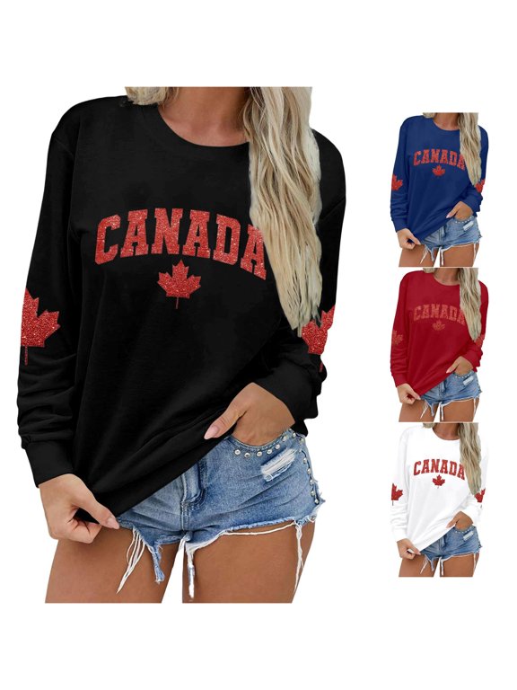 Womens Canada Graphic Sweatshirt Crewneck Long Sleeve Maple Leaf Letter Print Casual Pullover Top for Women