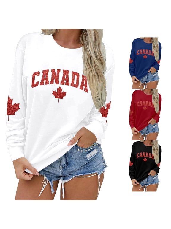 Womens Canada Graphic Sweatshirt Long Sleeve Crewneck Maple Leaf Letter Print for Women Pullover Top